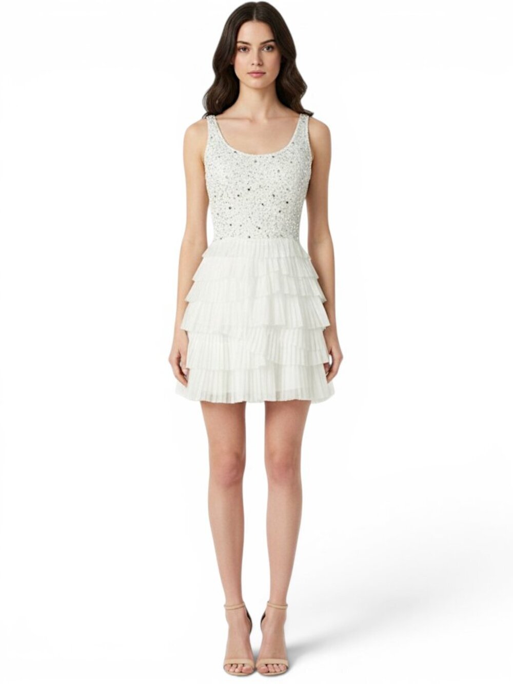 Nina Austin White Silver Sequin Beaded Top with Mesh Tulle Skirt Dress Vintage M